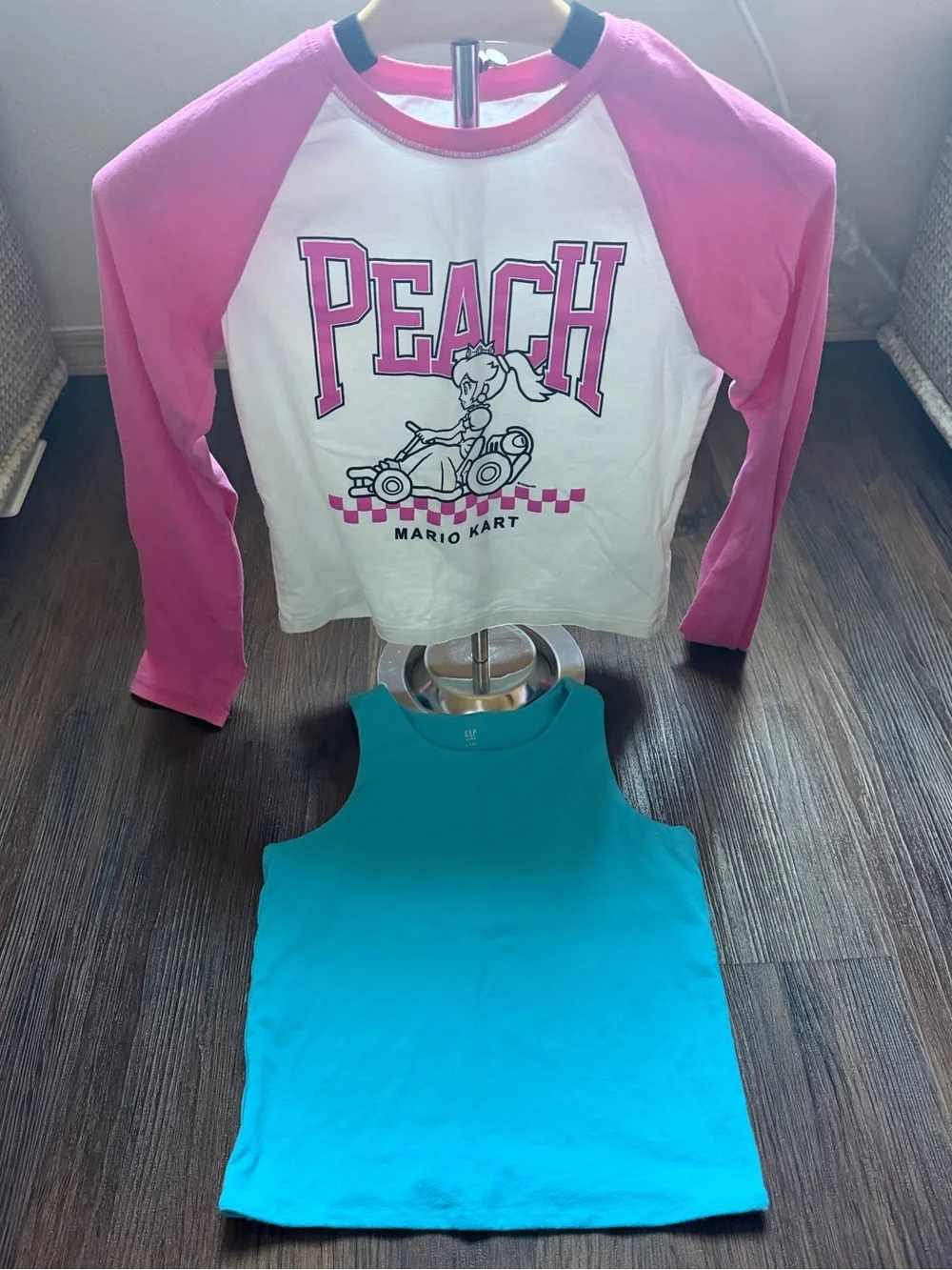 GAP Kids - Girls Peach Mario Kart Pink & White Raglan Tee with Blue Tank
